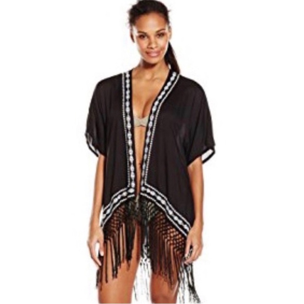 Elan Embroidered Kimono Swim Cover Up Black Southwest One Size